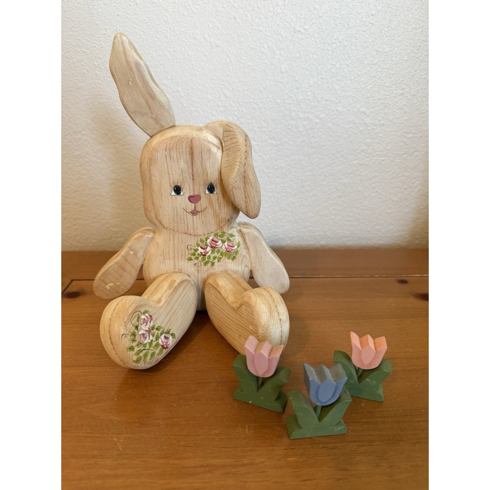 Vtg Handmade Wooden Floppy Ear Bunny Rabbit Figurine Floral Details Easter Decor